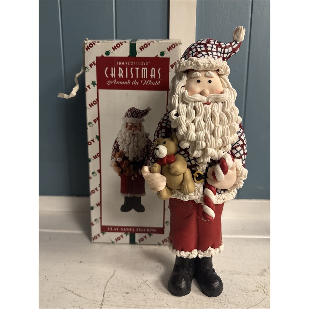 Vintage Wood & Clay Santa Claus Figurine Teddy Bear House of Lloyd Christmas MIB